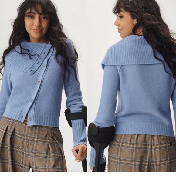 Pilcro Asymmetrical Button 2-ply 100% Cashmere blue Cardigan Sweater sz S Small